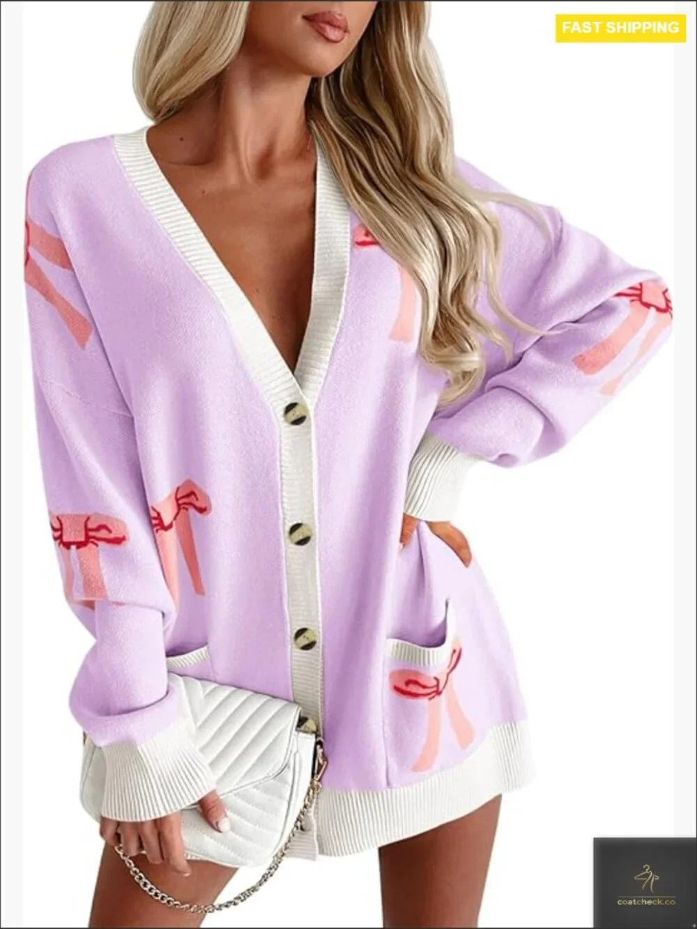 Oversized Cardigan Sweater Bow Print Button V Neck Long Sleeve Knit Fall Trendy